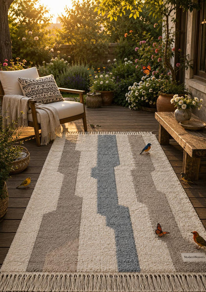 Modern Abstract Moroccan Rug | Cream, Taupe, Dusty Blue Geometric Wool Shag Carpet