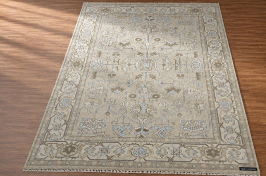 Elegant 9x12 Traditional Area Rug | Artisan Hand-Knotted Floor Covering | Neutral Palette with Blue Accents