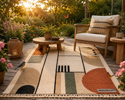 Bauhaus Geometric Moroccan Rug | Terracotta Sage Wool Carpet | Mid Century Modern Area Rug