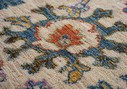 Hand-Knotted Floral Area Rug | Cream & Slate Blue Transitional Rug with Vibrant Geometric Accents | Living Room Bedroom Room Carpet