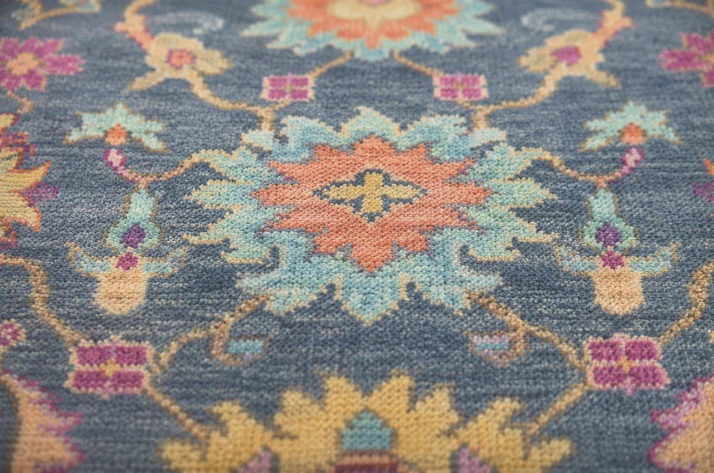 Hand-Knotted Slate Blue Area Rug | Vintage-Inspired Oushak Floral Motif | Cream & Pastel Accents | Boho Mid-Century Modern Living Room Rug