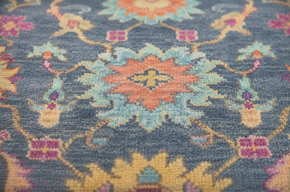 Hand-Knotted Slate Blue Area Rug | Vintage-Inspired Oushak Floral Motif | Cream & Pastel Accents | Boho Mid-Century Modern Living Room Rug
