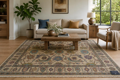 Exquisite Hand-Knotted Wool Area Rug | Cream, Blue & Rust Floral Lattice | Traditional "Modern Weavers" Carpet