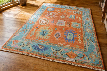 Hand Knotted Wool Rug | Pastel Oushak Rug | Handmade Turkish Style Area Rug | Peach Blue Vintage Inspired Carpet | Living Room Bedroom Room