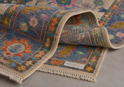 Hand-Knotted Floral Area Rug | Cream & Slate Blue Transitional Rug with Vibrant Geometric Accents | Living Room Bedroom Room Carpet