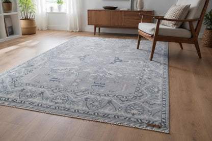 Hand-Knotted Luxury Area Rug - Traditional Floral Motif - 8x10 Large Living Room Carpet - Soft Grey & Cream Palette - Artisan Crafted Rug