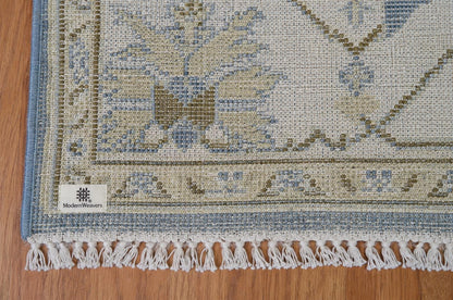 Hand-Knotted Oushak Style Wool Rug | Blue Ivory Geometric Medallion Carpet 8x10
