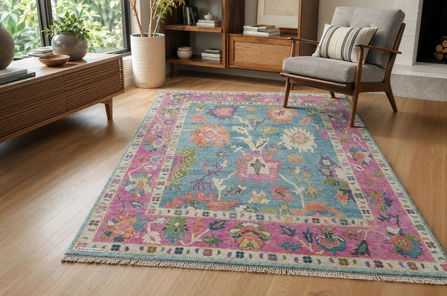 Hand Knotted Oushak Rug | Light Blue & Vibrant Pink Floral Area Rug | Wool Turkish Design Carpet | Pastel Boho Rug for Living Room