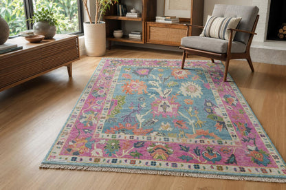 Hand Knotted Oushak Rug | Light Blue & Vibrant Pink Floral Area Rug | Wool Turkish Design Carpet | Pastel Boho Rug for Living Room