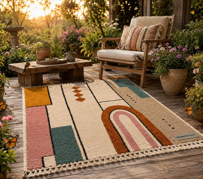Geometric Moroccan Wool Rug | Bauhaus Arch Design, Pink Mustard Teal