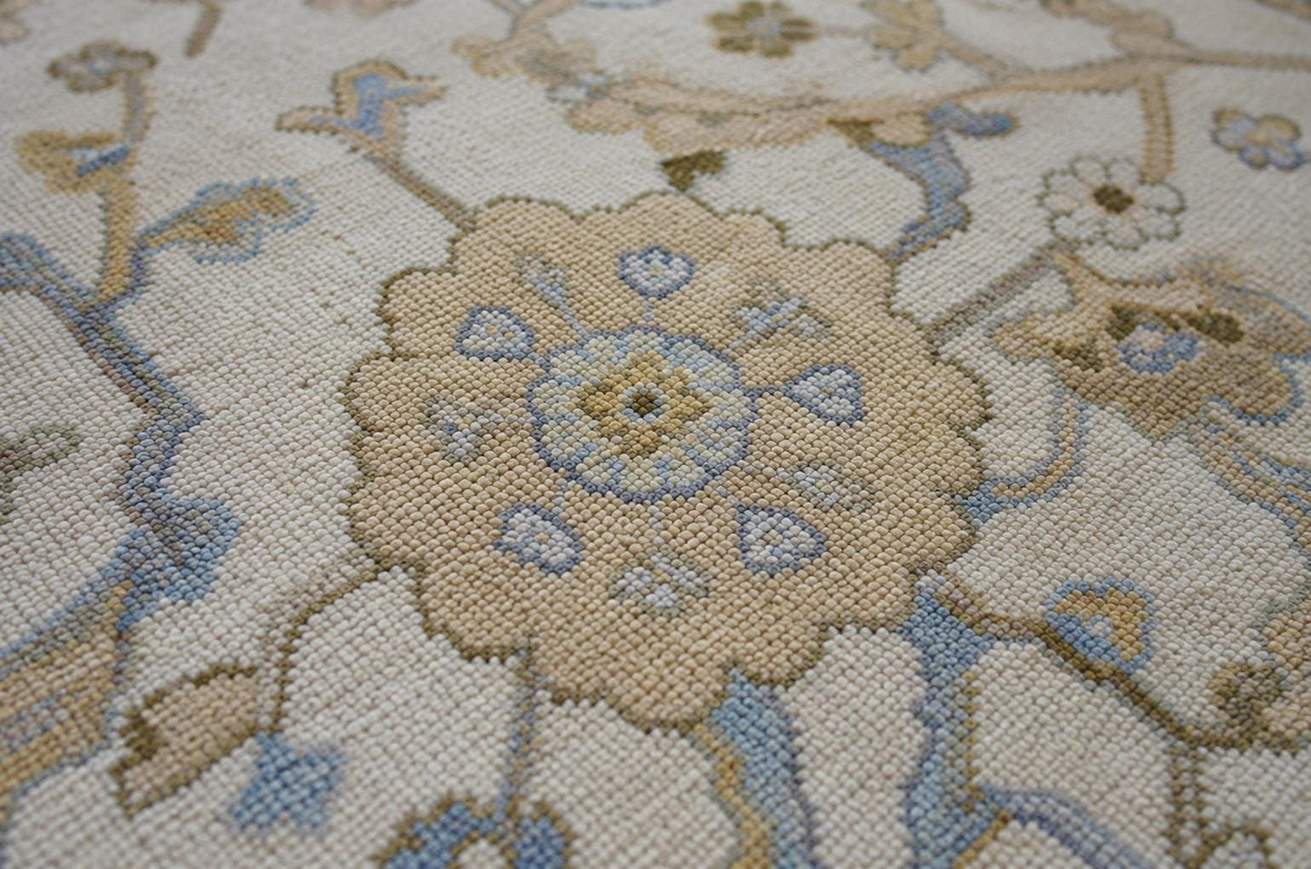 Elegant Hand-Knotted Ivory Area Rug | Soft Floral Vine Motif in Sage Green & Muted Blue | Premium Carpet for Living Room or Bedroom