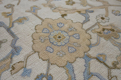 Elegant Hand-Knotted Ivory Area Rug | Soft Floral Vine Motif in Sage Green & Muted Blue | Premium Carpet for Living Room or Bedroom