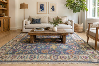 Hand-Knotted Slate Blue Area Rug | Vintage-Inspired Oushak Floral Motif | Cream & Pastel Accents | Boho Mid-Century Modern Living Room Rug