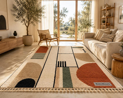 Bauhaus Geometric Moroccan Rug | Terracotta Sage Wool Carpet | Mid Century Modern Area Rug