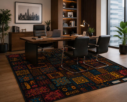 Maximalist Boho Tufted Rug | Vibrant Geometric Patchwork Carpet | Tribal Mosaic Floor Art | Jewel Tone Eclectic Decor | Dark Academia Room