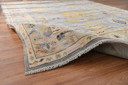 Modern Oushak Rug, Hand Knotted Wool Area Rug, Light Blue and Beige Turkish Style Geometric Floral Rug, 9x12 Area Rug for Living Room