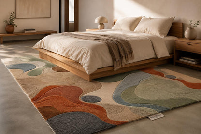 Organic Wavy Line Area Rug | Artisan Carved Tufted Carpet | Retro Earth Tones Modern Bedroom Rug | Terracotta, Sage & Slate Blue Earthy Rug
