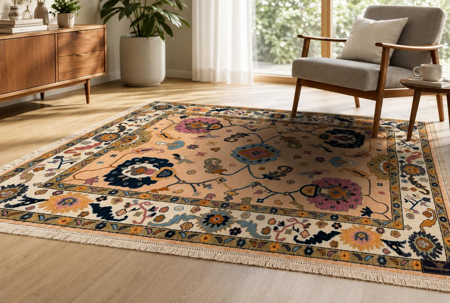 Stunning Hand-Knotted Peach Oushak Rug | ModernWeavers Floral Medallion Rug | Premium Wool Turkish Style Carpet for Living Room or Bedroom