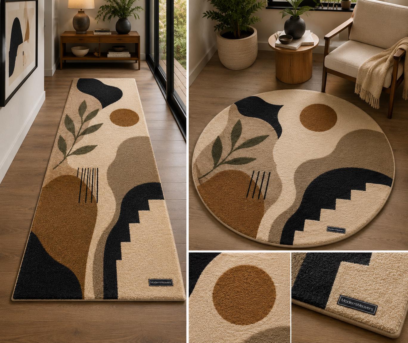 Abstract Irregular Shape Tufted Rug | Wabi Sabi Organic Edge Carpet | Neutral Earth Tone Floor Art | Boho Geometric Sun & Botanical Decor