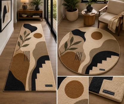 Abstract Irregular Shape Tufted Rug | Wabi Sabi Organic Edge Carpet | Neutral Earth Tone Floor Art | Boho Geometric Sun & Botanical Decor
