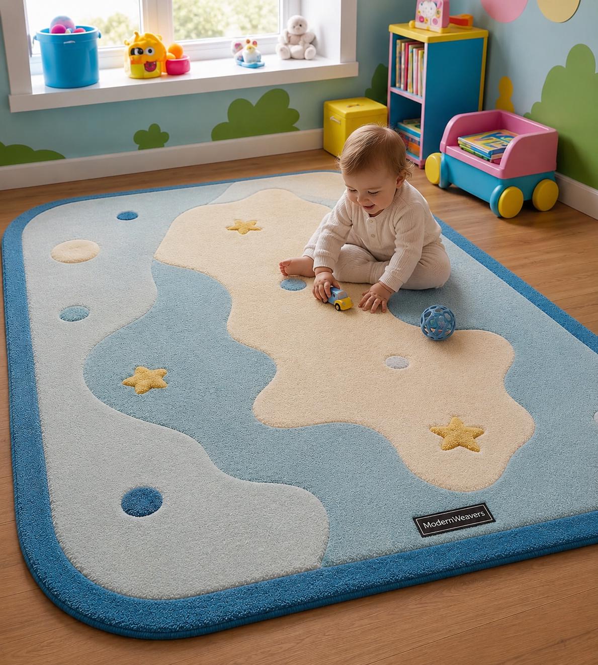 Hand Tufted Cloud Stars Nursery Rug | Pastel Blue Playroom Carpet, Kids Floor Art