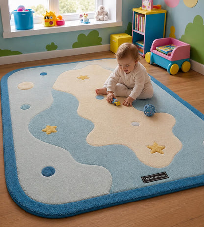 Hand Tufted Cloud Stars Nursery Rug | Pastel Blue Playroom Carpet, Kids Floor Art
