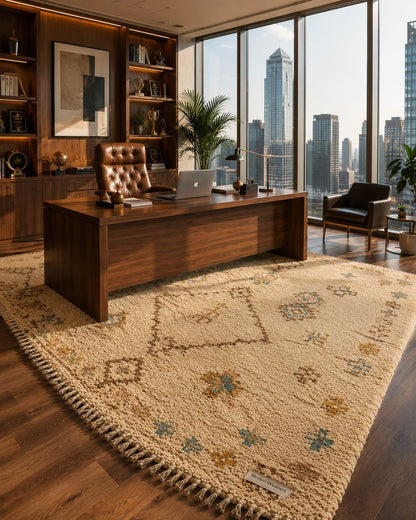 Hand-Knotted Moroccan Rug | Cream Plush Shag Area Rug, Beni Ourain Style Ivory, Blue, Brown