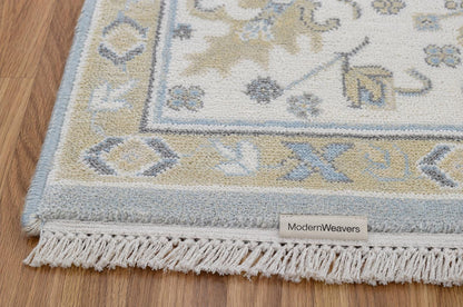 Hand-Knotted Wool Rug | Slate Blue Ivory Oushak Style Area Carpet (9x12)