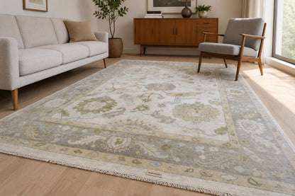 Hand-Knotted Wool Rug | Ivory, Sage Green, Light Blue Floral Oushak Style Area Rug
