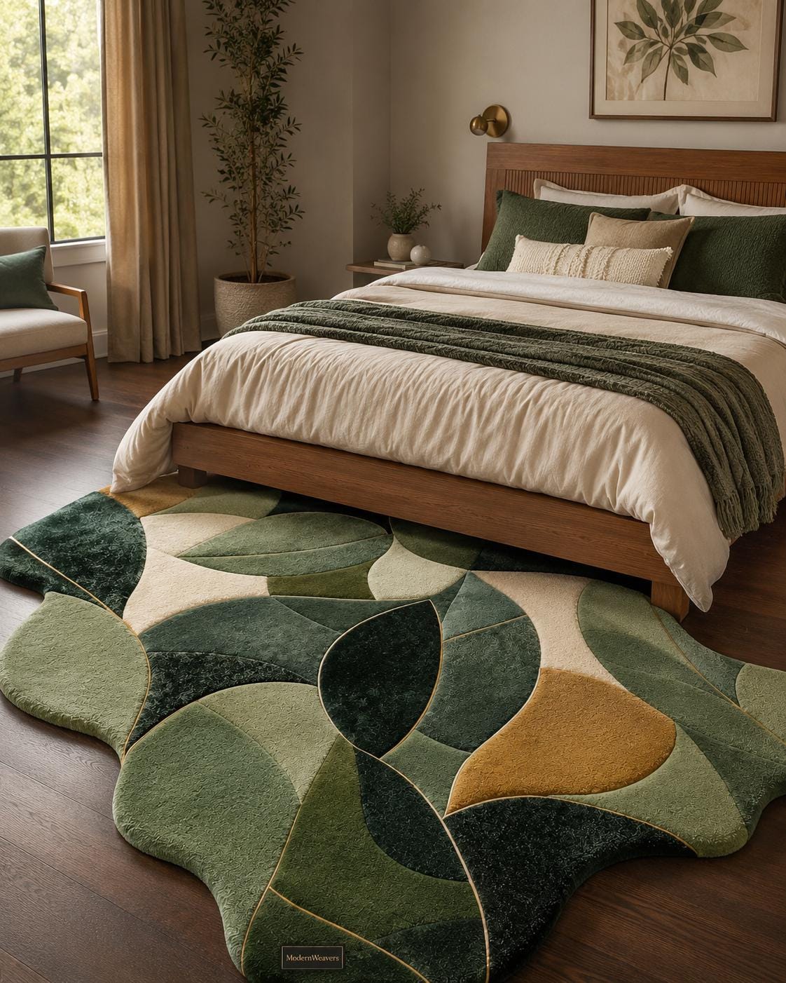 Botanical Leaves Hand Tufted Rug | Modern Abstract Foliage Carpet | Green & Earth Tone Organic Shape Area Rug | Luxury Leaf Pattern Decor