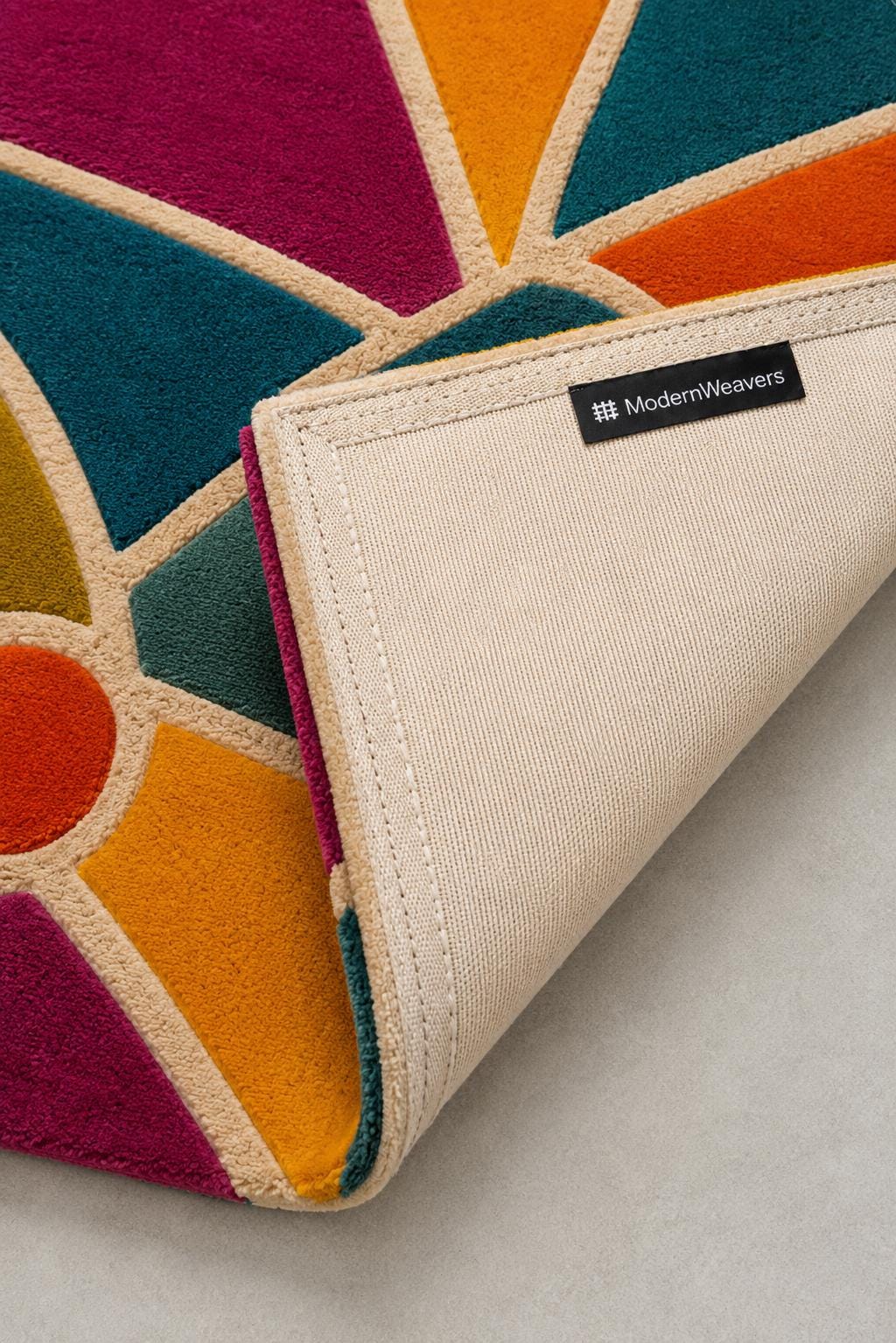 Cubist Abstract Geometric Area Rug | Hand-Tufted Stained-Glass Design | Bold Teal, Orange & Magenta Art Deco Accent Artisan Carved Carpet