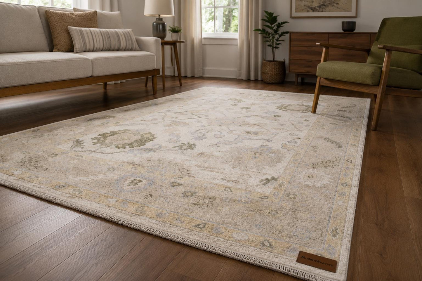 Elegant Hand-Knotted Ivory Area Rug | Soft Floral Vine Motif in Sage Green & Muted Blue | Premium Carpet for Living Room or Bedroom