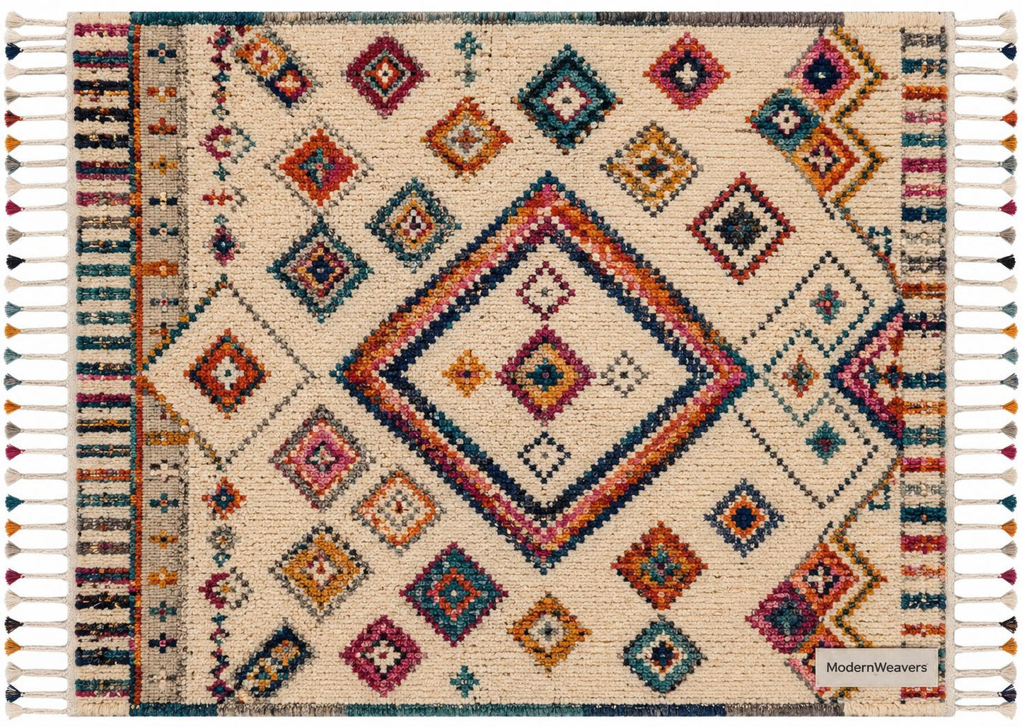 Hand Knotted Moroccan Berber Rug | Colorful Diamond Tribal Wool Carpet | Boho Chic Fringe Rug