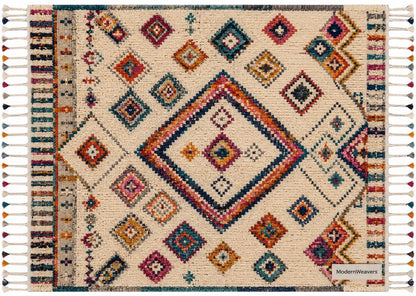 Hand Knotted Moroccan Berber Rug | Colorful Diamond Tribal Wool Carpet | Boho Chic Fringe Rug