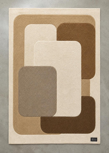 Mid Century Modern Area Rug | Geometric Hand Tufted Rug | Abstract Earth Tone Carpet | Brown and Beige Color Block Retro Room Decor