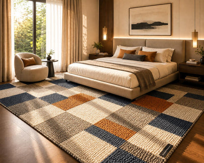 Modern Geometric Loop-Tufted Area Rug | Navy Blue, Mustard & Charcoal Textured Rug