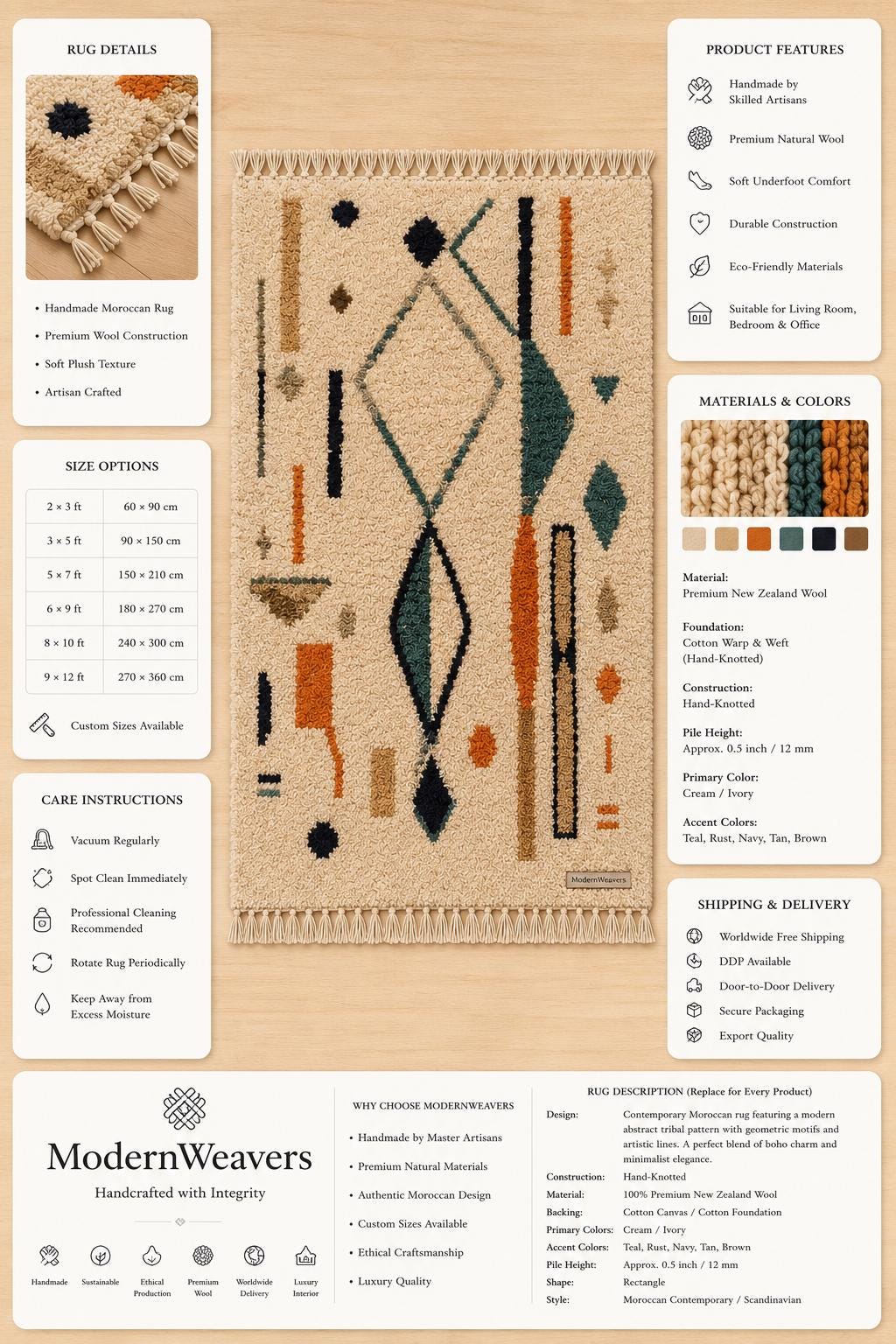 Abstract Geometric Moroccan Rug | Hand-Knotted Wool Shag Carpet | Bohemian Tribal Home Decor