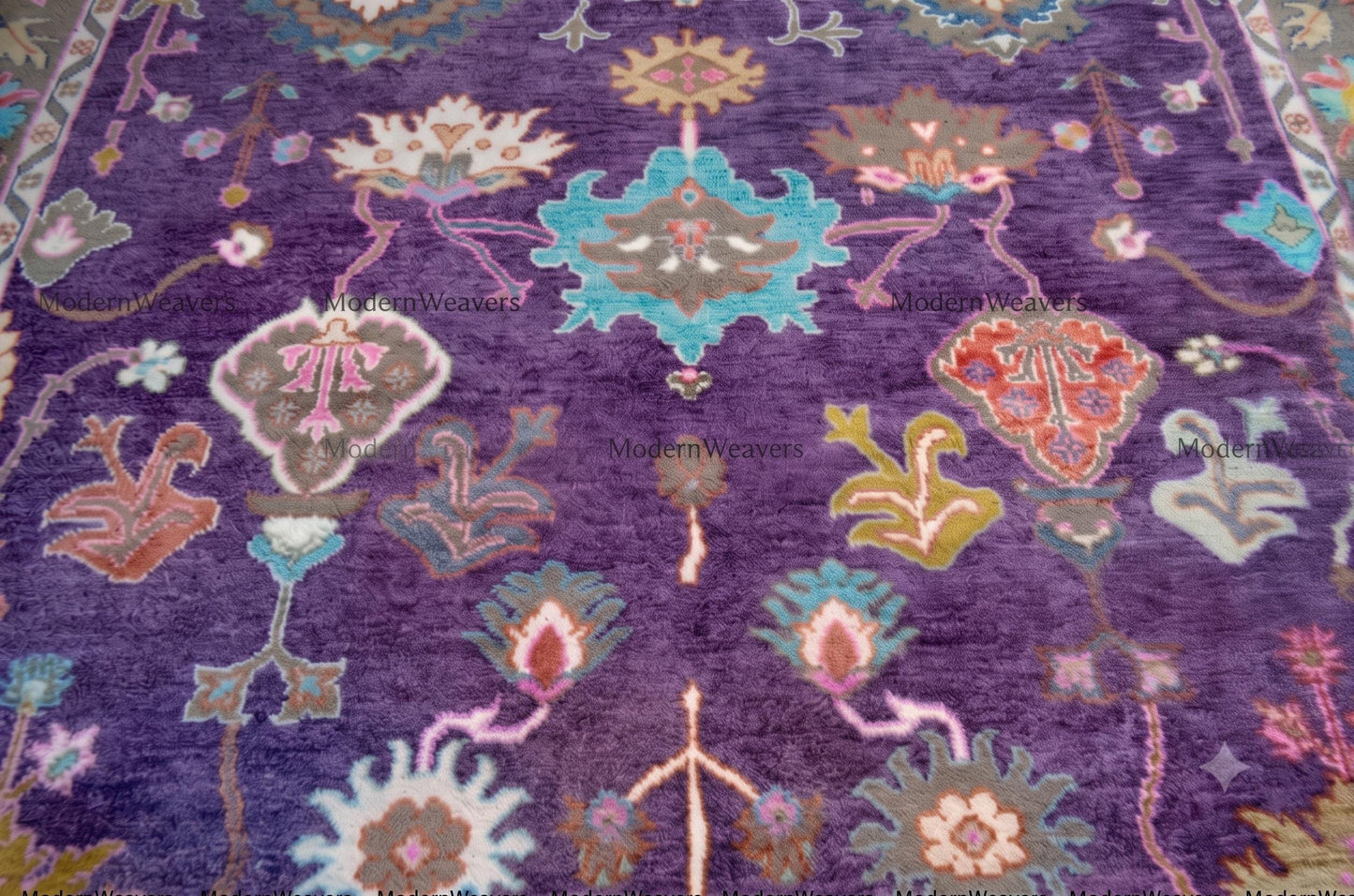 Hand-Knotted Wool Oushak Rug – Royal Purple Floral Traditional Carpet 9x12