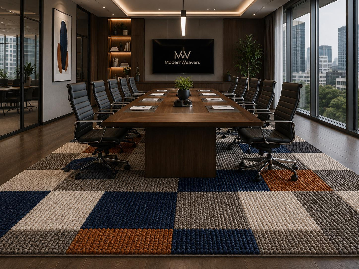Modern Geometric Loop-Tufted Area Rug | Navy Blue, Mustard & Charcoal Textured Rug