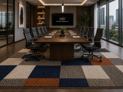 Modern Geometric Loop-Tufted Area Rug | Navy Blue, Mustard & Charcoal Textured Rug