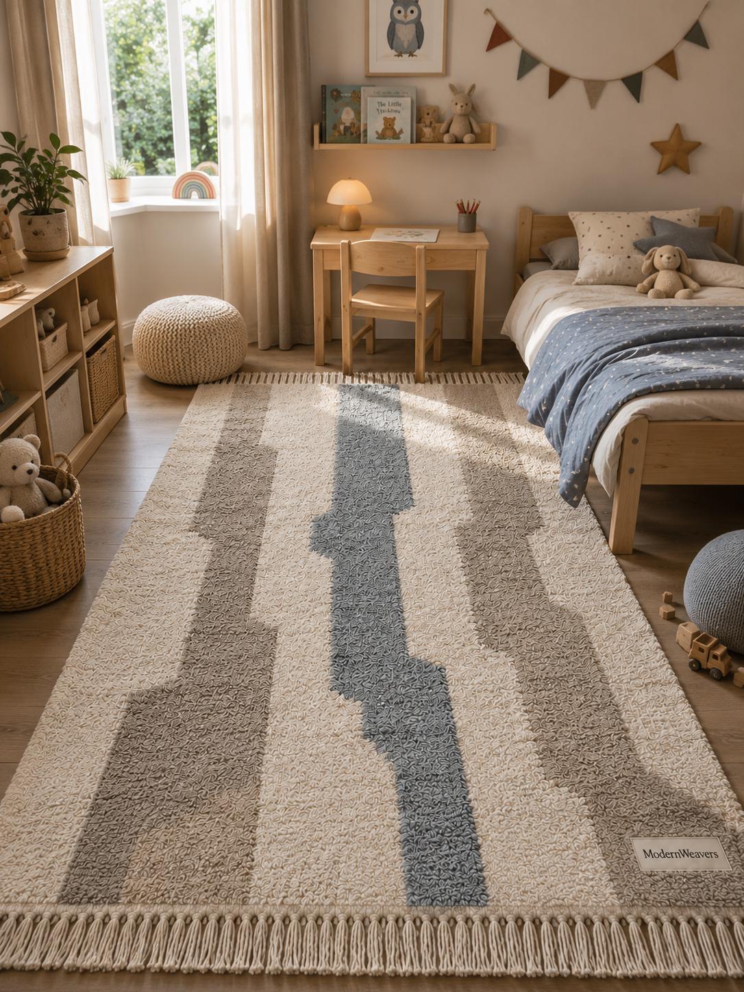 Modern Abstract Moroccan Rug | Cream, Taupe, Dusty Blue Geometric Wool Shag Carpet