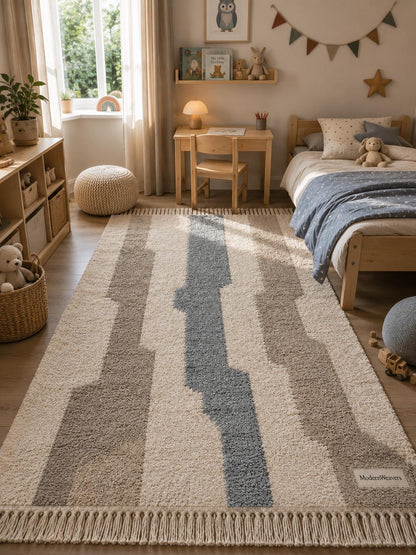 Modern Abstract Moroccan Rug | Cream, Taupe, Dusty Blue Geometric Wool Shag Carpet