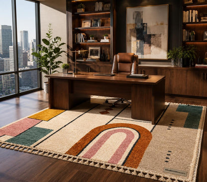 Geometric Moroccan Wool Rug | Bauhaus Arch Design, Pink Mustard Teal