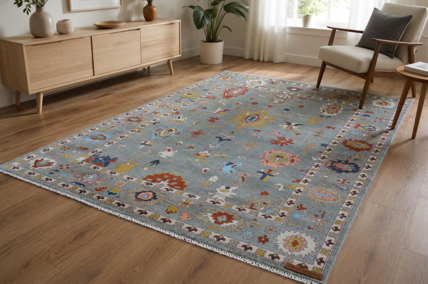 8x10 Hand Knotted Oushak Rug | ModernWeavers Tribal Blue Area Rug | Artisan Wool Carpet for Living Room | Boho Geometric Decor