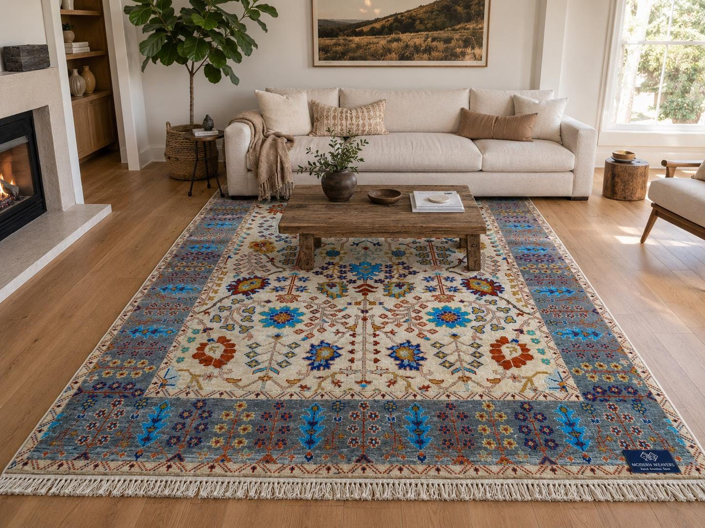 Hand Knotted Wool Area Rug | Cream & Slate Blue Oushak Style Floral Rug | Traditional Vintage Inspired Carpet for Living Room, Bedroom |