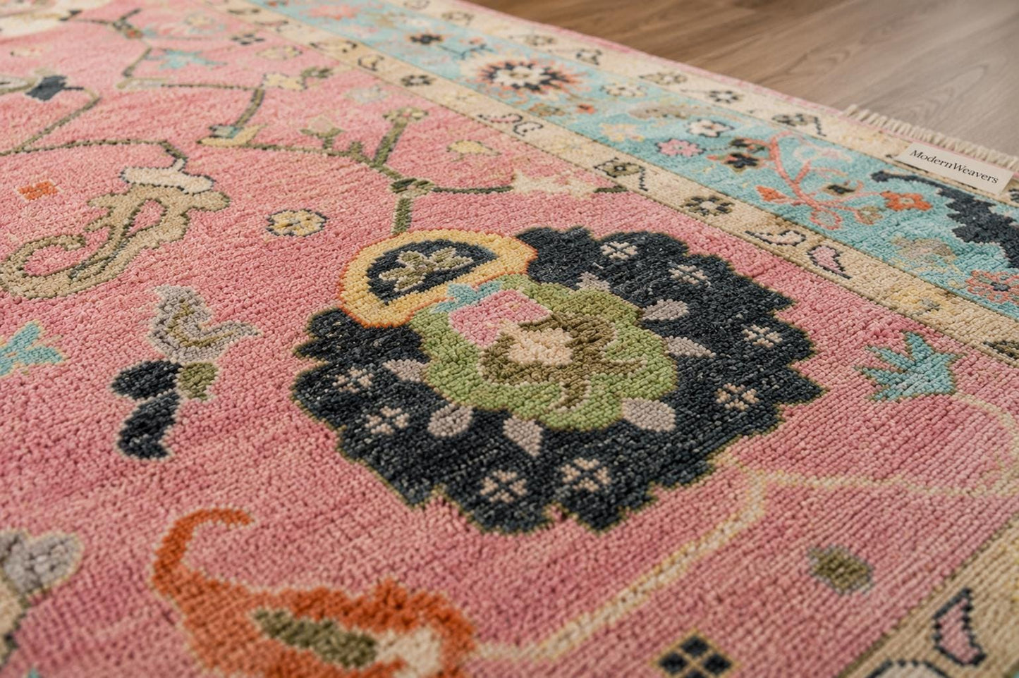 Pink Oushak Rug with Teal Border | ModernWeavers Hand-Knotted Wool Area Rug | Turkish Floral Medallion Carpet for Living Room or Nursery
