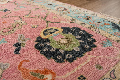 Pink Oushak Rug with Teal Border | ModernWeavers Hand-Knotted Wool Area Rug | Turkish Floral Medallion Carpet for Living Room or Nursery
