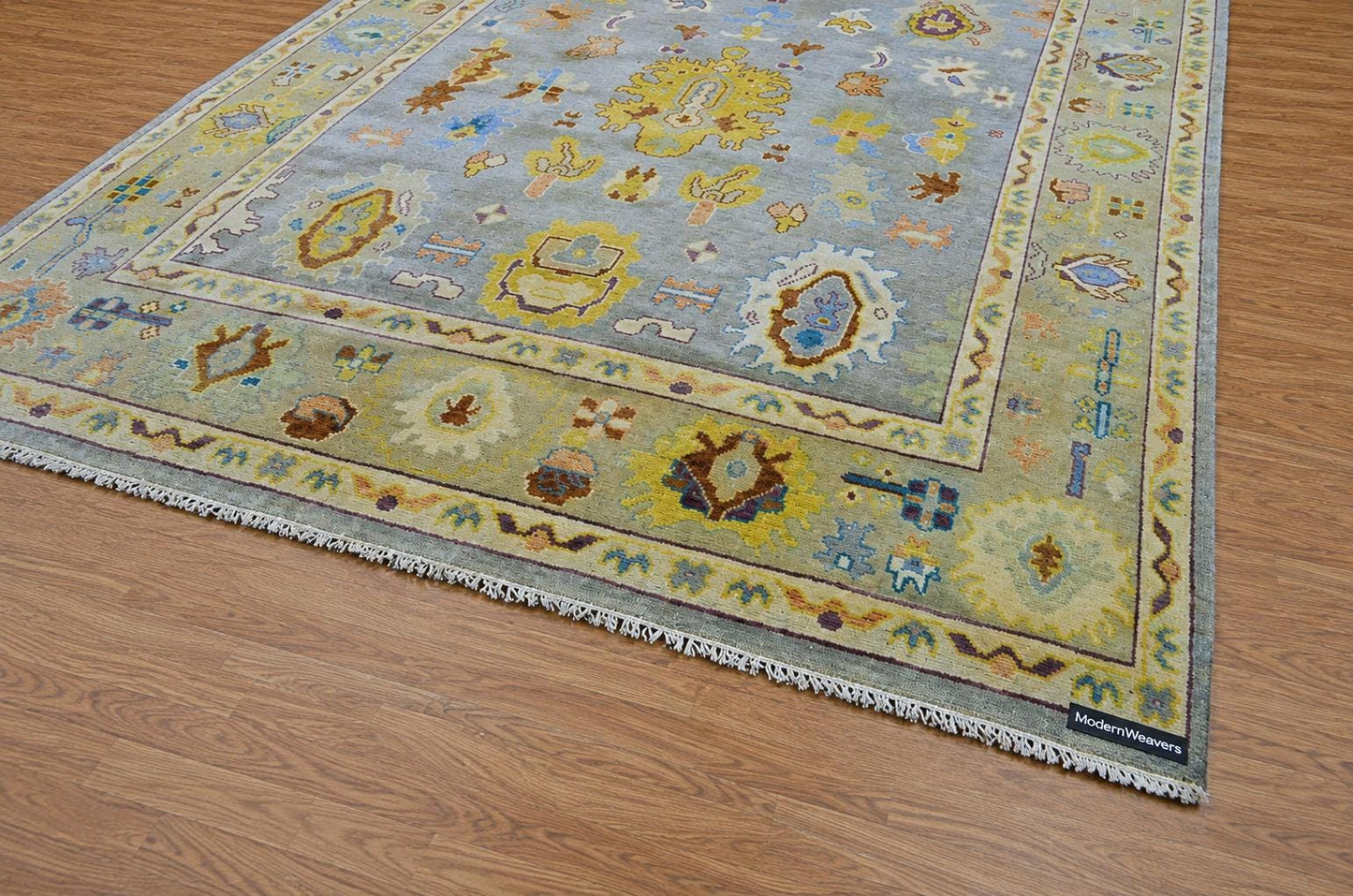 Hand Knotted Oushak Rug | Light Blue & Yellow Floral Geometric Area Rug | Muted Pastel Traditional Wool Carpet for Living Room, Bedroom