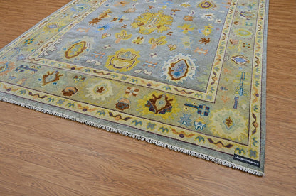 Hand Knotted Oushak Rug | Light Blue & Yellow Floral Geometric Area Rug | Muted Pastel Traditional Wool Carpet for Living Room, Bedroom