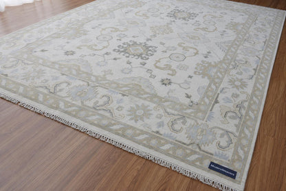 Hand-Knotted Oushak Style Rug | Pastel Ivory, Light Blue, Beige Floral Geometric Living Room Decor